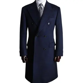 1 шт. темно-синяя длинная куртка с отворотом, мужские костюмы, зимний 50% шерстяной блейзер, сшитая на заказ одежда для вечеринок, только одно пальто