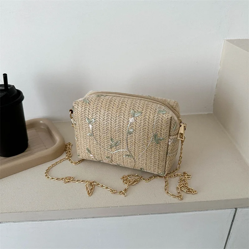 Модные Маленькие сумки через плечо Женские Пляжные сумки из соломы с цветочной вышивкой, Женские кружевные сумки через плечо, сумка-мешок на шнурке