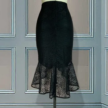 2023 Женская Черная Кружевная юбка С высокой талией, Миди, Скромная Стильная, Неправильной Длины, Женская упаковка, Хип-хоп, Офисная Элегантная мода