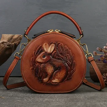 2023 Новые Ретро Круглые женские сумки из натуральной кожи для дам, роскошные дизайнерские сумки-мессенджеры с тиснением в виде кролика через плечо