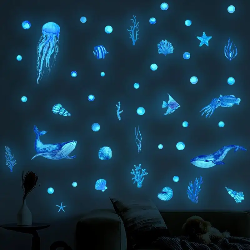 Флуоресцентные Серебристые наклейки на стену, светящиеся в темноте, Подводный Мир Моря, Наклейка на стену, Светящаяся Рыба, Черепаха, Медуза