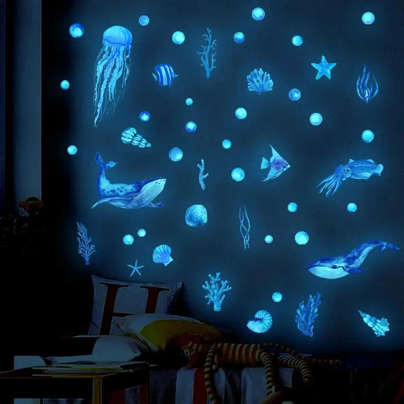 Флуоресцентные Серебристые наклейки на стену, светящиеся в темноте, Подводный Мир Моря, Наклейка на стену, Светящаяся Рыба, Черепаха, Медуза