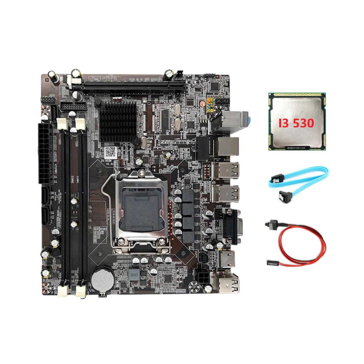 Материнская плата H55 LGA1156 Поддерживает процессор серии I3 530 I5 760 с памятью DDR3 Материнская плата + процессор I3 530 + кабель SATA + Кабель переключателя