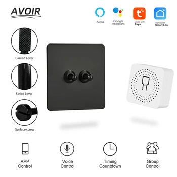 Avoir Tuya Wifi Smart Sensor Беспроводной переключатель, Тумблер, Черная панель из нержавеющей Стали, Электрические розетки Европейского, французского стандарта