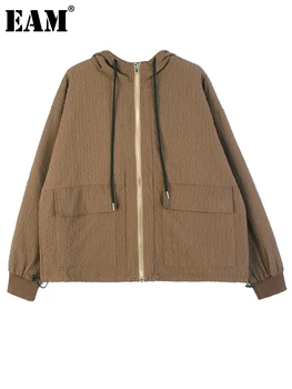 [EAM] Повседневная куртка Свободного Кроя с коричневым Шнурком, Большой размер, Новое женское пальто с капюшоном и длинным рукавом, Модная весна-осень 2023 1DH0326