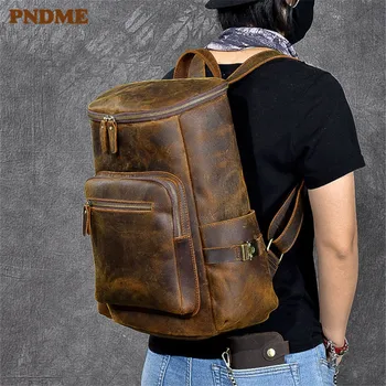 PNDME винтажный мужской рюкзак-ведро из воловьей кожи Crazy horse большой емкости из натуральной кожи для путешествий на открытом воздухе рюкзак для ноутбука