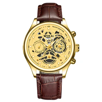 WOKAI Высококачественный модный повседневный мужской кожаный ремень из желтого золота, кварцевые часы, мужские деловые спортивные цифровые часы в стиле ретро