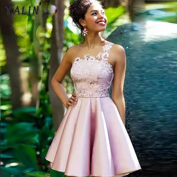 YALIN, Розовое платье для Бала Выпускников Трапециевидной формы с кружевными аппликациями на одно плечо, мини-длина, Атласное коктейльное платье на заказ, горячая распродажа, Vestidos