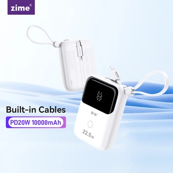 Zime 10000mAh Power Bank с кабелями PD20W Быстрая зарядка Powerbank Запасной внешний аккумулятор Портативное зарядное устройство для iPhone SamSung