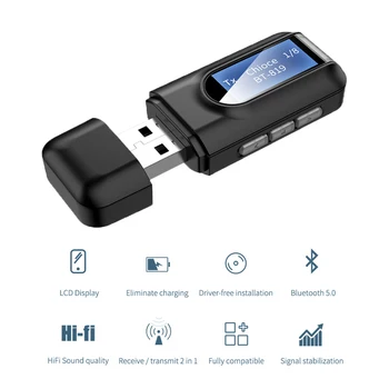Аудиоприемник-передатчик Usb Bluetooth 5.0 с ЖК-экраном 3,5 мм AUX Стерео USB-ключ Bluetooth-адаптер для автомобильного ПК ТВ-гарнитуры