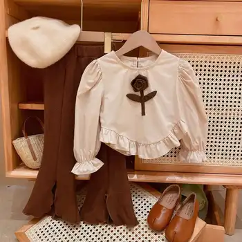 Весенне-осенний костюм в стиле ретро для девочек, Детская одежда в корейском стиле, 2023, Детская рубашка с цветочным рисунком и ушками + расклешенные брюки с разрезом, комплекты из 2 предметов