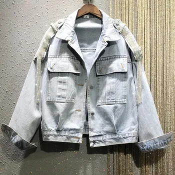 Весна 2023, джинсовая куртка со стразами и кисточками, Женская повседневная короткая верхняя одежда