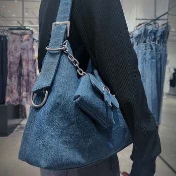 Винтажная джинсовая сумка через плечо для женщин, повседневная сумка-тоут Унисекс большой емкости с маленькими кошельками, сумка для покупок в американском стиле