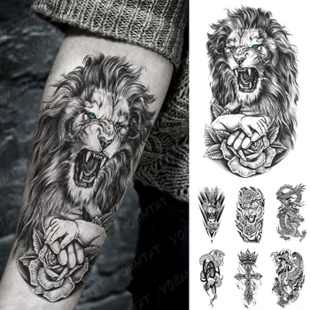 Водонепроницаемая наклейка с временными татуировками Черный Лев, Волк, Тигр, Роза, детские ручки, флэш-тату, рука, Боди-арт, Поддельная татуировка Дракона, женщины, мужчины