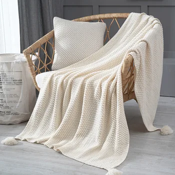 Вязаное одеяло для пикника в скандинавском стиле с кисточками, супер мягкое богемное одеяло для кровати, чехол для дивана, покрывало, однотонный плед, Одеяла для декора дивана