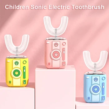 Детская звуковая электрическая зубная щетка с милой мультяшной U-образной головкой, Перезаряжаемая детская зубная щетка для чистки мягкой щетиной