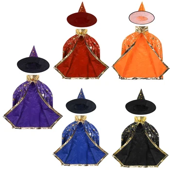 Детский костюм для Хэллоуина, Плащ Ведьмы-волшебника, накидка с остроконечной шляпой, комплект Одежды волшебника для вечеринки в стиле Аниме со звездами для девочек и мальчиков