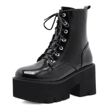 Женские ботинки, Большой размер 43, ботильоны Martens, толстая шнуровка, нескользящие ботильоны, однотонная лакированная кожа, осенне-зимняя водонепроницаемая женская обувь
