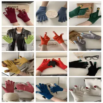 Зимние Теплые плюшевые перчатки, простые однотонные варежки с полными пальцами, Креативные вязаные перчатки с ромашками для женщин