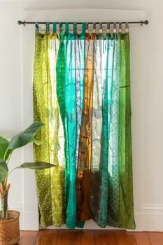 Индийское Сари, лоскутная занавеска, драпировка, декор для окна, шелковое сари, зеленая занавеска