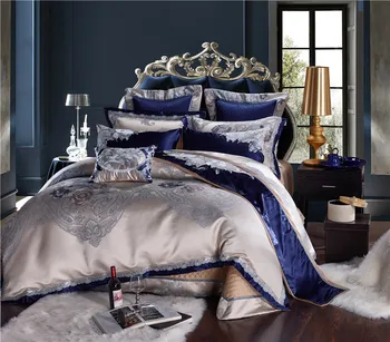 Китайский роскошный комплект постельного белья, атласный синий и серебристый шелк, жаккардовая простыня King Queen, набор пододеяльников
