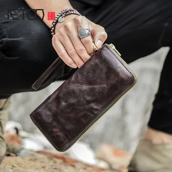 Кожаный кошелек ручной работы AETOO, мужской длинный трендовый кошелек на молнии, винтажный противоугонный кошелек на цепочке из воловьей кожи, выполненный в старинном стиле