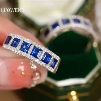 Кольца LUOWEND из белого золота 100% 18 Карат, роскошное кольцо с натуральным сапфиром, Классическое обручальное кольцо с бриллиантом для женской вечеринки по случаю помолвки