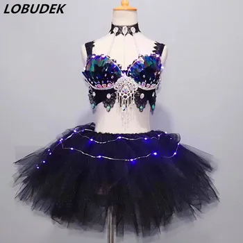 Комплект юбки-бикини с фиолетовыми светодиодными кристаллами и блестками, одежда для ночного клуба и вечеринки, сценическая одежда, Сексуальный костюм ди-джея певицы, одежда для выступлений, танцевальная одежда