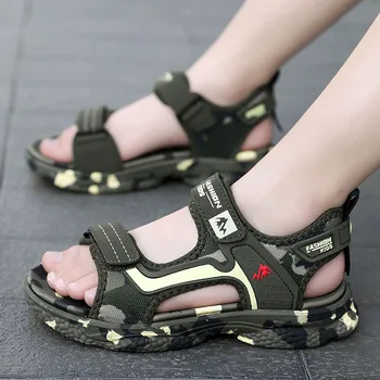 Летняя пляжная обувь для детей большого среднего возраста с мягкой подошвой, Камуфляжная обувь для мальчиков, армейские зеленые сандалии