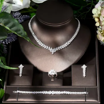 Модный изящный комплект украшений в форме листьев, CZ, Женское ожерелье, серьги, кольцо и браслет, 4 шт., набор для торжественного случая, бижутерия N-1268