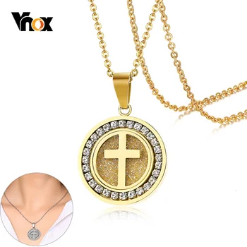 Модный крест Vnox с круглой подвеской из драгоценных камней, Блестящее женское ожерелье из нержавеющей Стали, Модные ювелирные изделия