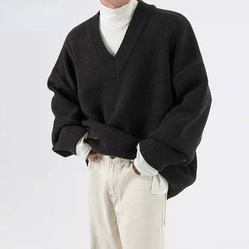 Мужская одежда, осенне-зимний свитер с V-образным вырезом, модные вязаные топы свободного стиля, утолщенная свободная винтажная одежда, мужская 9Y3277
