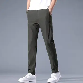 Мягкие Модные Мужские брюки на молнии и пуговицах, приталенные мужские летние брюки с эластичной резинкой на талии, мужская одежда