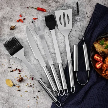 Набор Инструментов для барбекю, барбекю на открытом воздухе из нержавеющей стали, Нож, вилка, лопатка, комбинация, тканевая сумка Jin, набор из 6 предметов