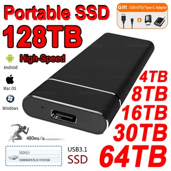 Портативный Высокоскоростной внешний твердотельный накопитель емкостью 128 ТБ, 2 ТБ SSD, Мобильное запоминающее устройство USB3.1, Жесткий диск Для ноутбука/Компьютера/MAC
