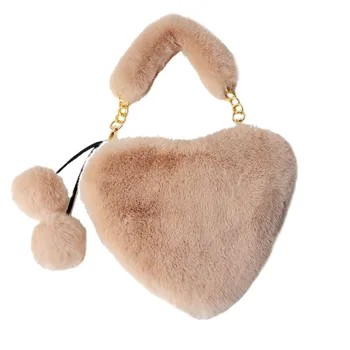 Сумочка, плюшевая женская сумка на цепочке в форме сердца с маленькой подвеской в виде шарика, милая женская сумочка