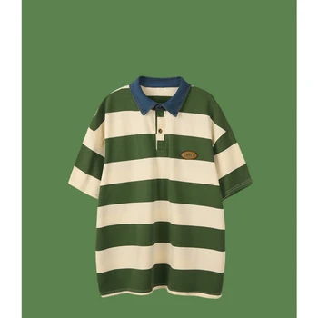 Топ с коротким рукавом, Мужская Зеленая рубашка поло, Летняя Повседневная рубашка в японском ретро стиле в полоску, подходящая по цвету, Модный стиль, Свободная версия