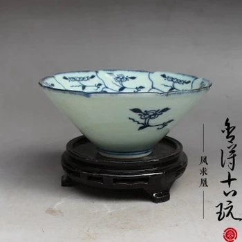 Фарфоровая чаша Цзиндэчжэнь, расписанная синими и белыми цветами, Бамбуковая шляпа, Антикварное и старое украшение